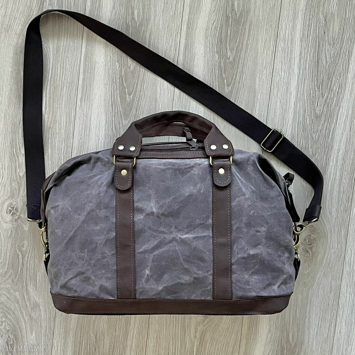 podróżne: Torba podróżna szaro brązowa ze skóry i bawełny woskowanej Vintage. Handmade