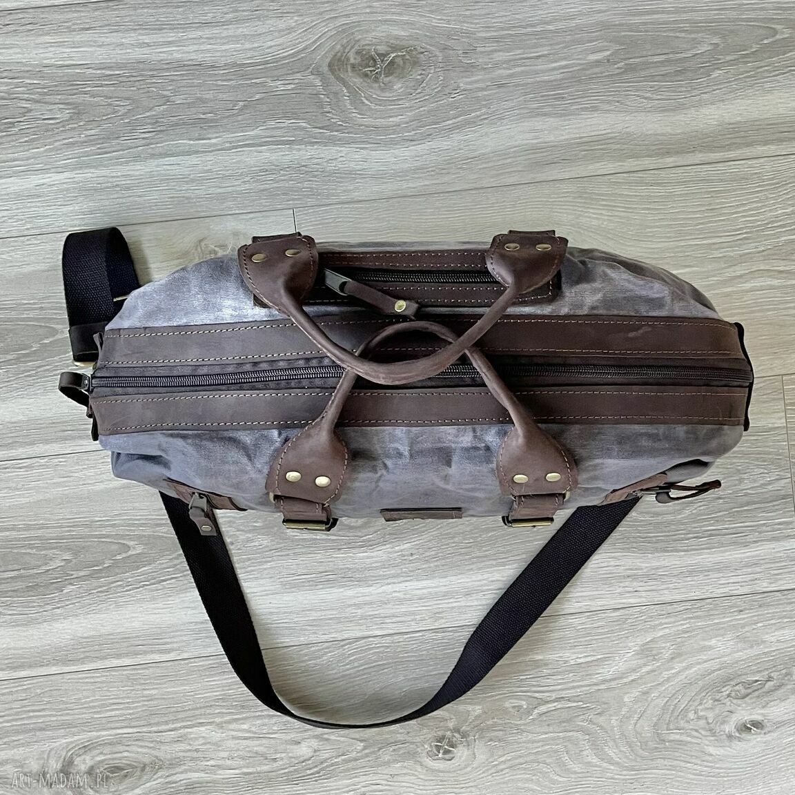 podróżne: Torba podróżna szaro brązowa ze skóry i bawełny woskowanej Vintage. Handmade