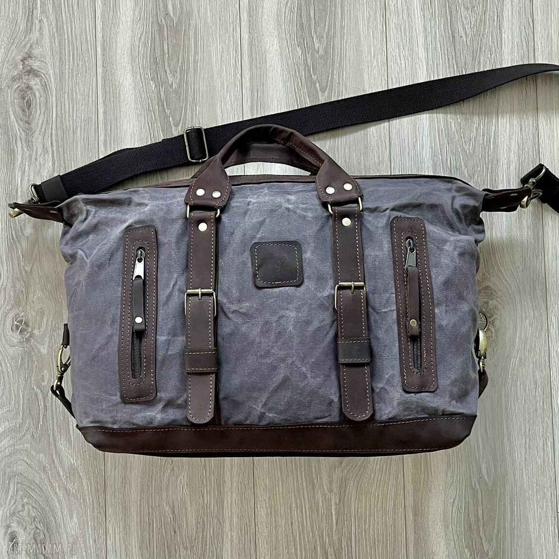 podróżne: Torba podróżna szaro brązowa ze skóry i bawełny woskowanej Vintage. Handmade