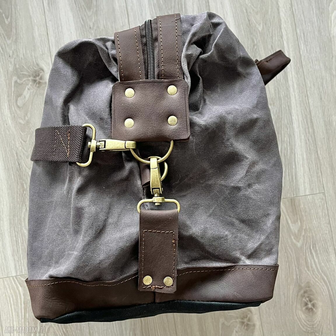 podróżne: Torba podróżna szaro brązowa ze skóry i bawełny woskowanej Vintage. Handmade