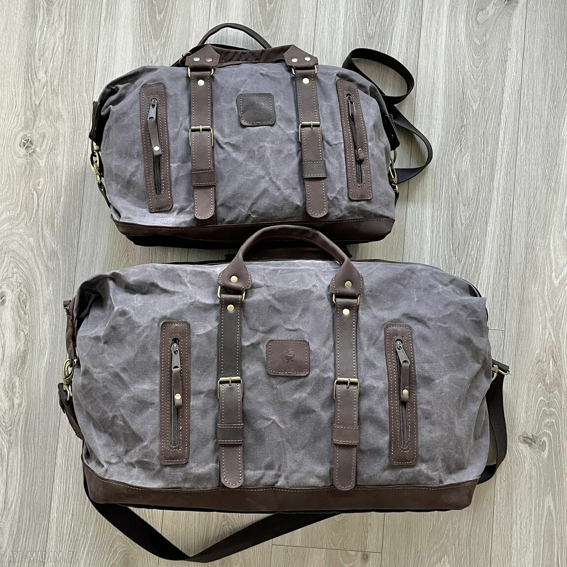 podróżne: Torba podróżna szaro brązowa ze skóry i bawełny woskowanej Vintage. Handmade