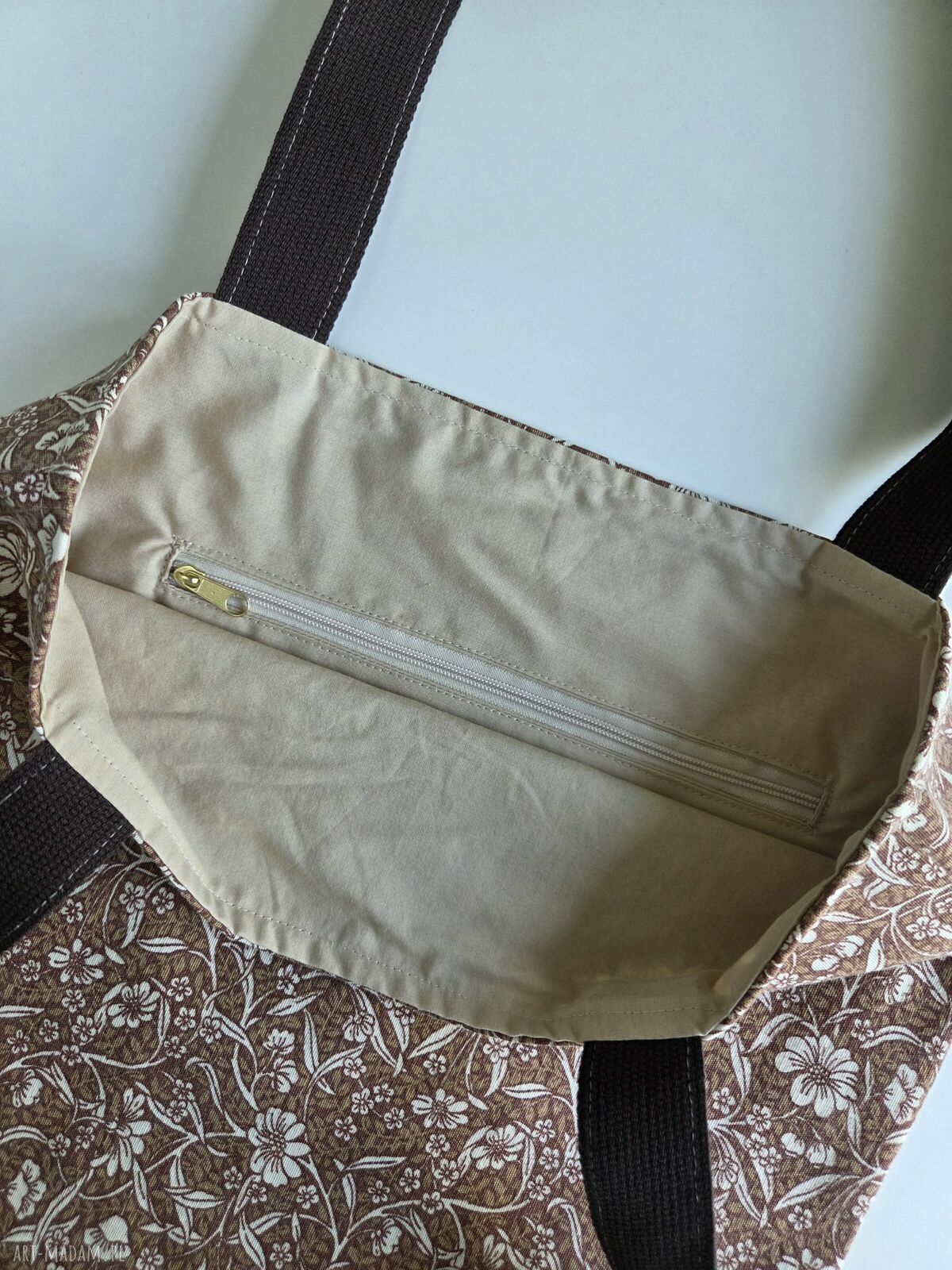 Brązowa torba shopper A4 w białe kwiaty - ręcznie szyta
