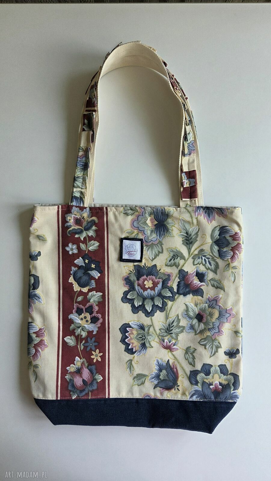 Torba shopper A4 w kwiaty - granatowa, ręcznie szyta z upcyklingu