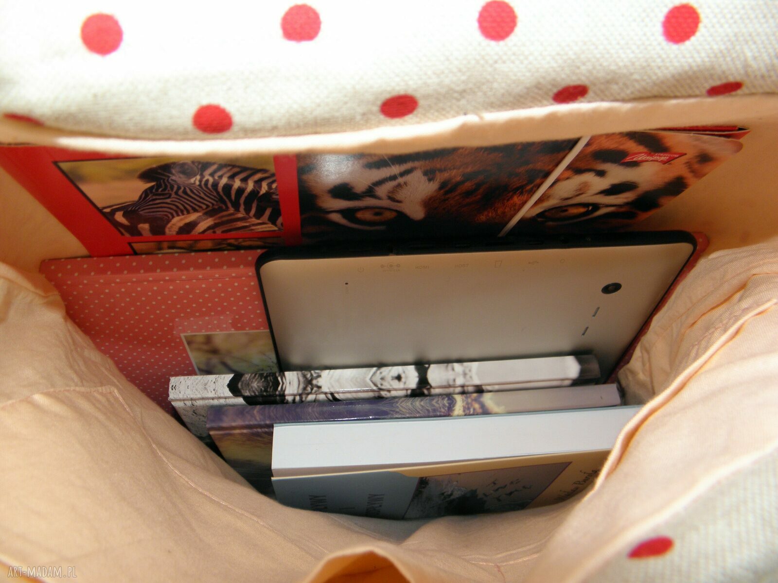 Torba shopper na laptopa "W kropeczki" - skóra antyczna i lniany materiał