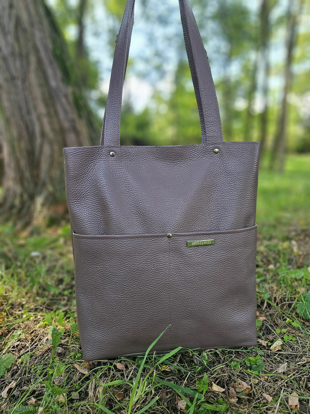 Torba shopper na ramię taupe - skóra naturalna