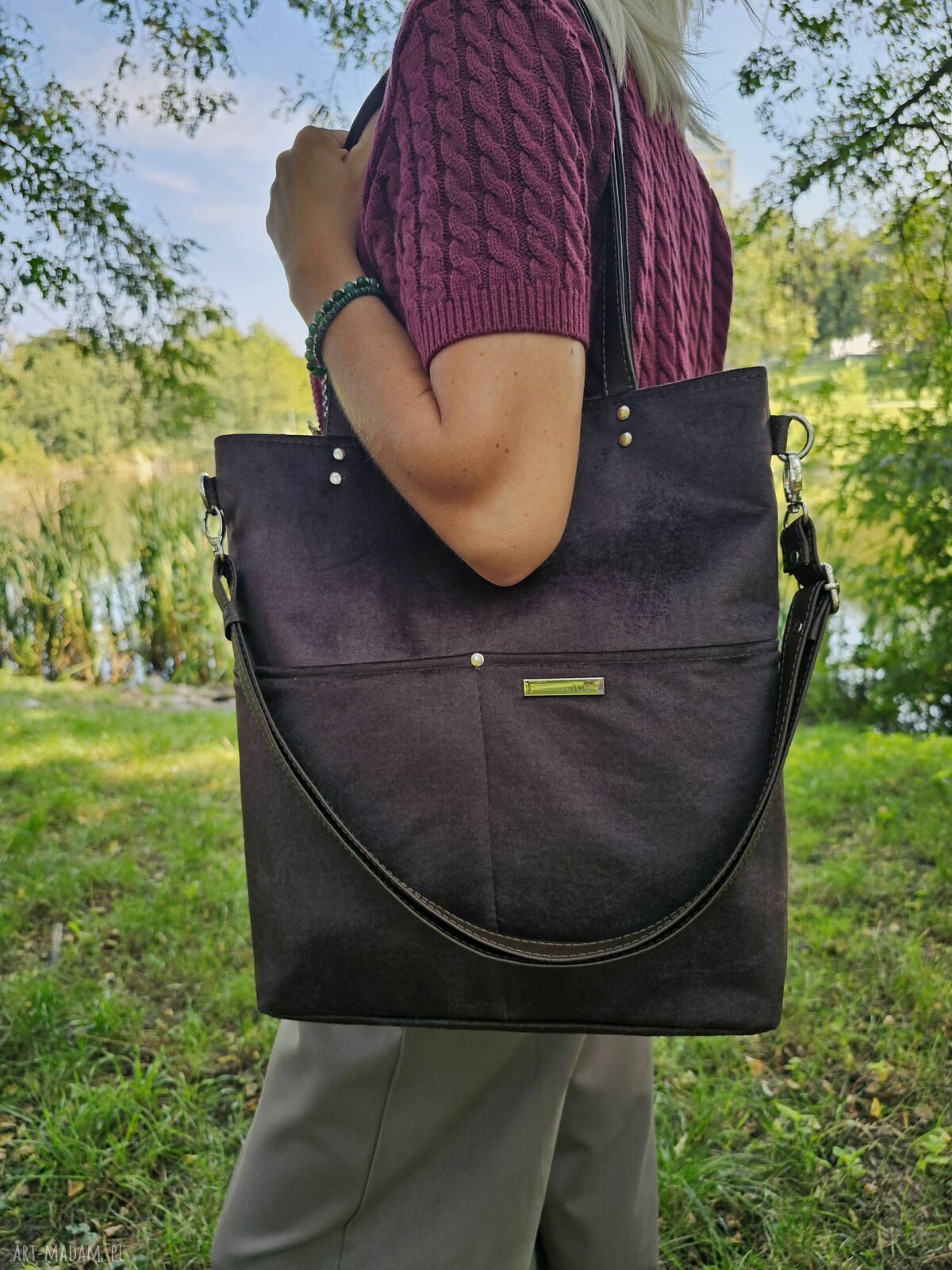 Torba shopper w kolorze gorzkiej czekolady - welur