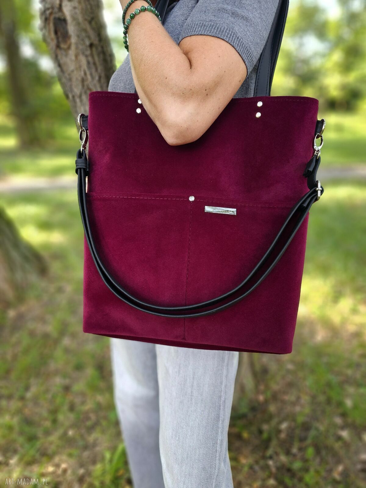 Bordowa torba shopper z weluru na ramię - Musslico (A4)
