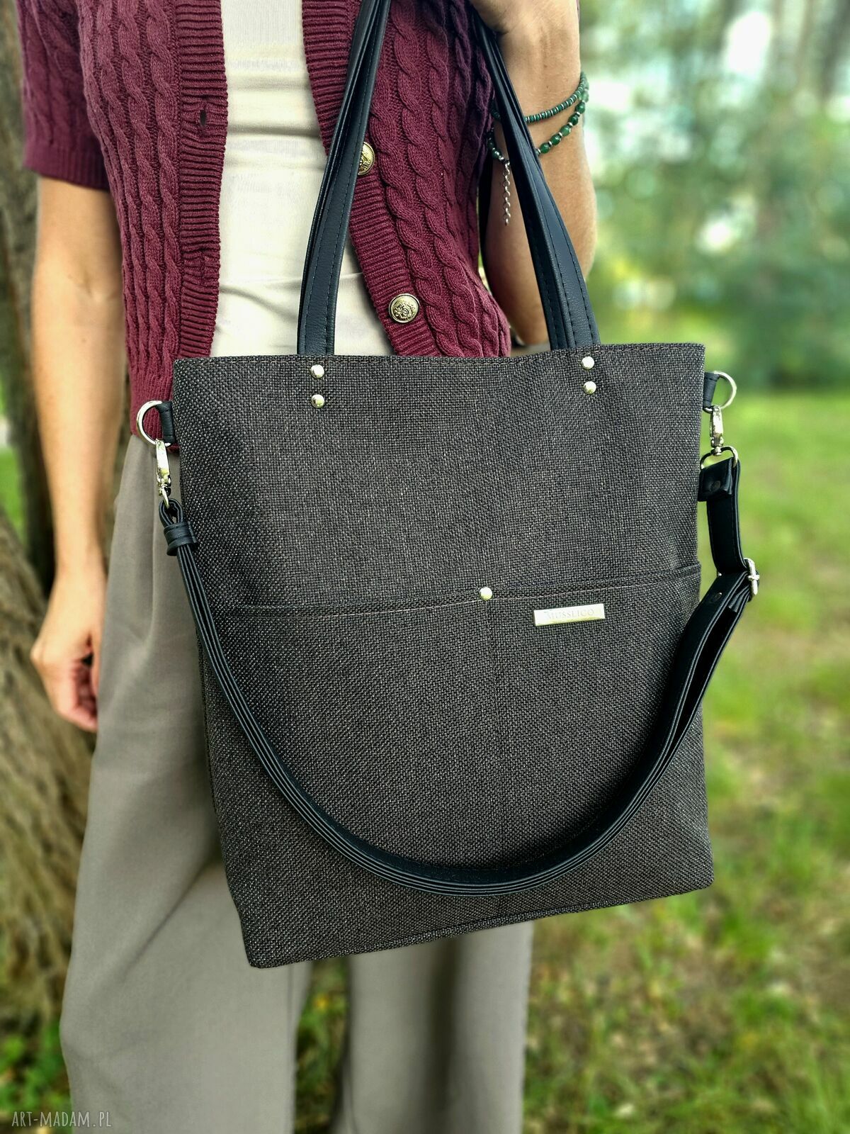 Pojemna torba shopper na ramię w kolorze gorzkiej czekolady