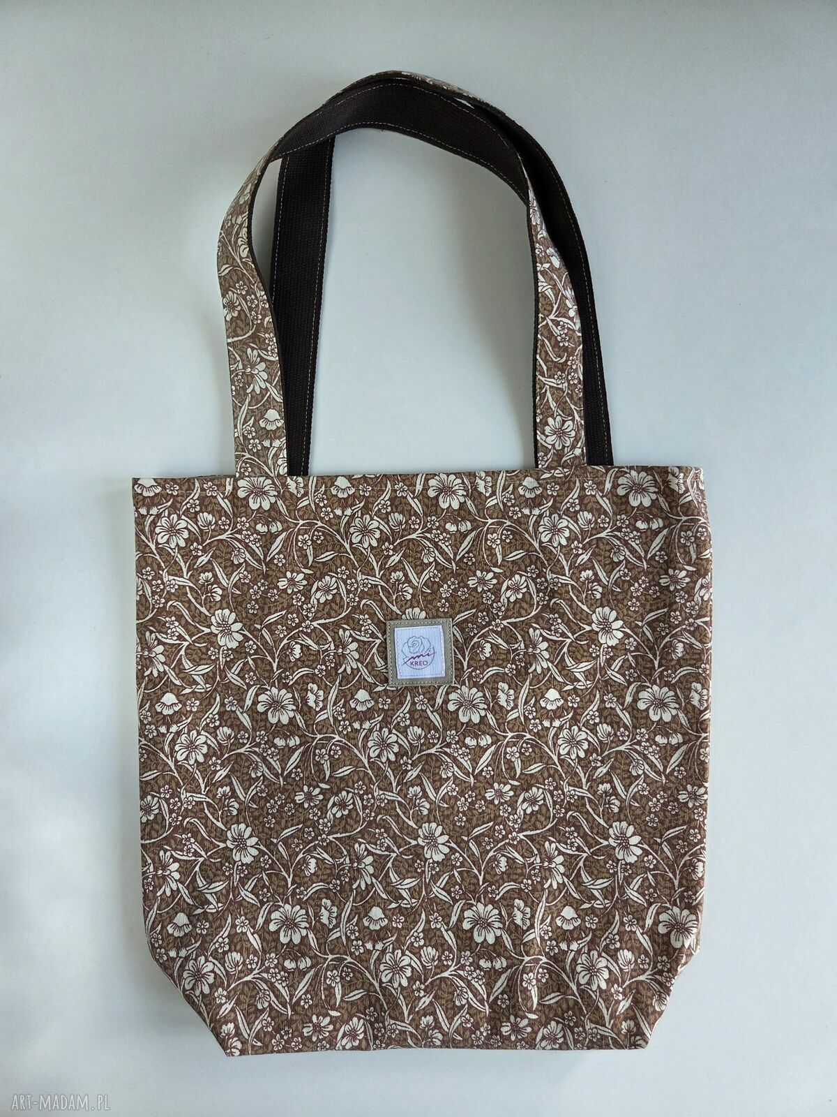 Brązowa torba shopper A4 w białe kwiaty - ręcznie szyta