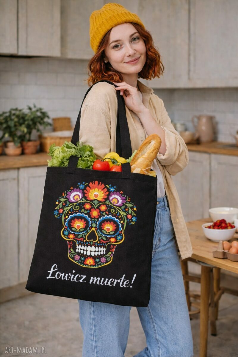 Torba shopper Łowicz Muerte 50x50 - czarna folk, wodoodporna na ramię