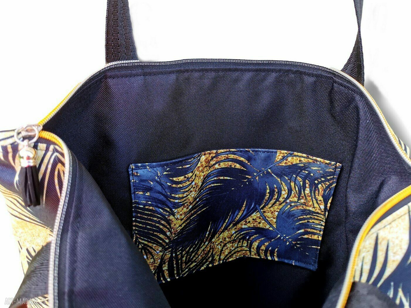 Wodoodporna duża shopperka na ramię - złote pióra handmade