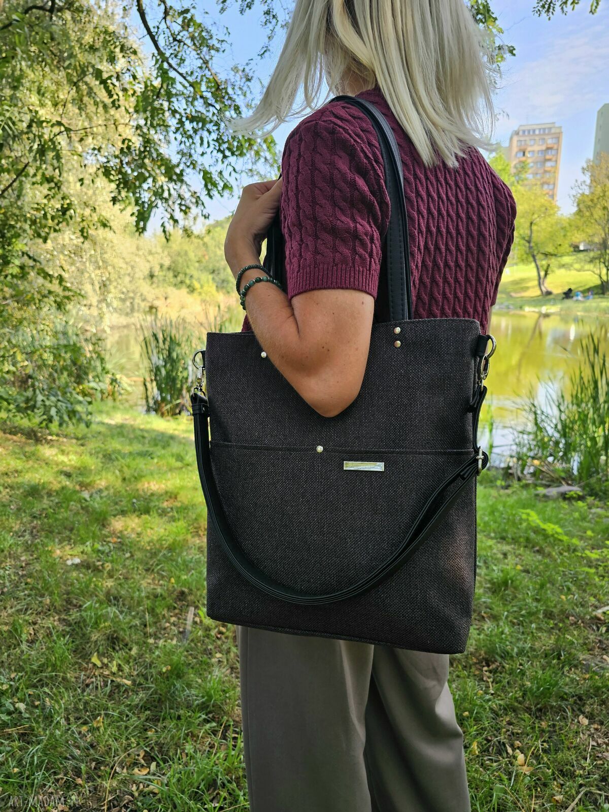 Pojemna torba shopper na ramię w kolorze gorzkiej czekolady