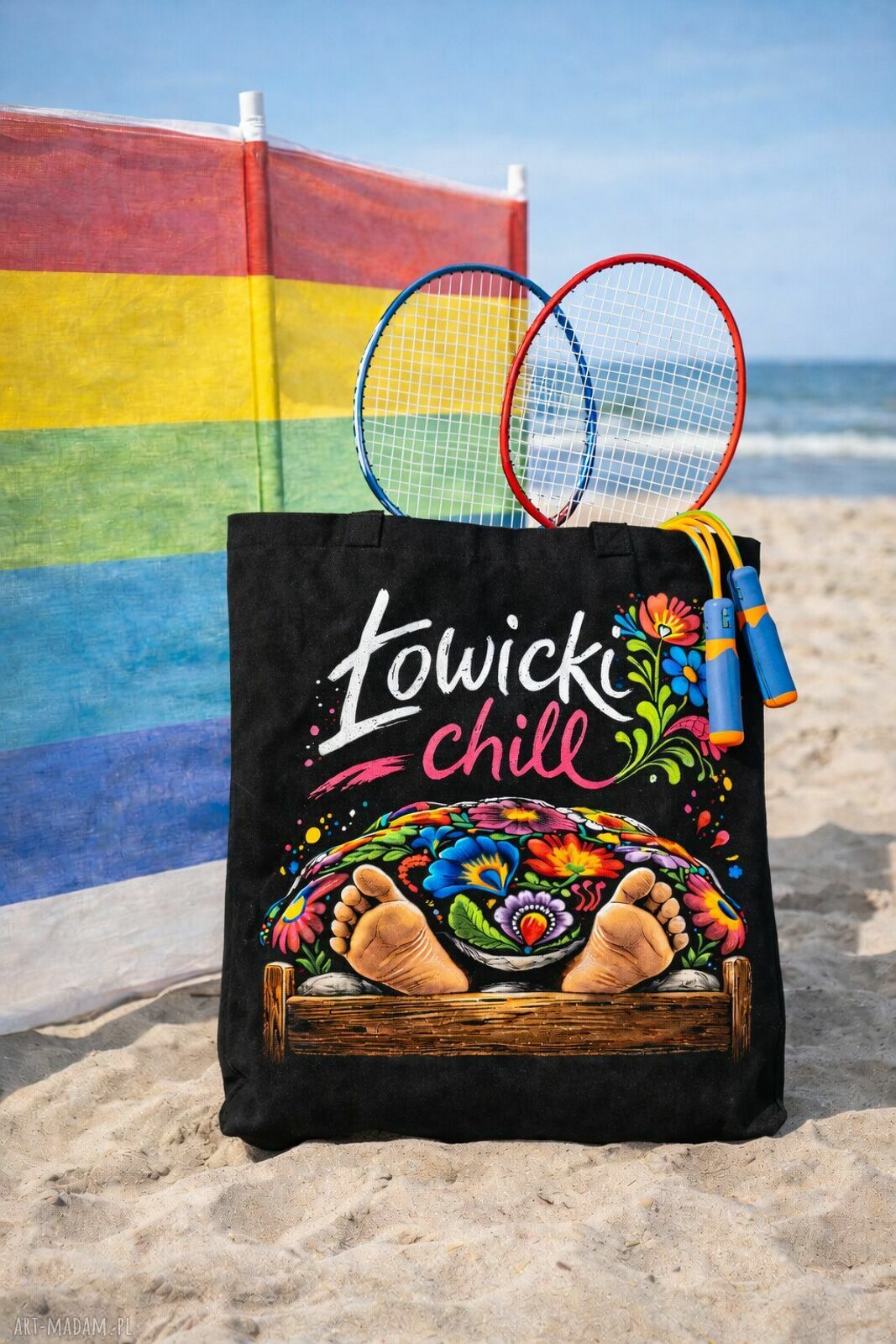 Torba shopper Łowicki Chill 50x50 - czarna wodoodporna z nadrukiem folk