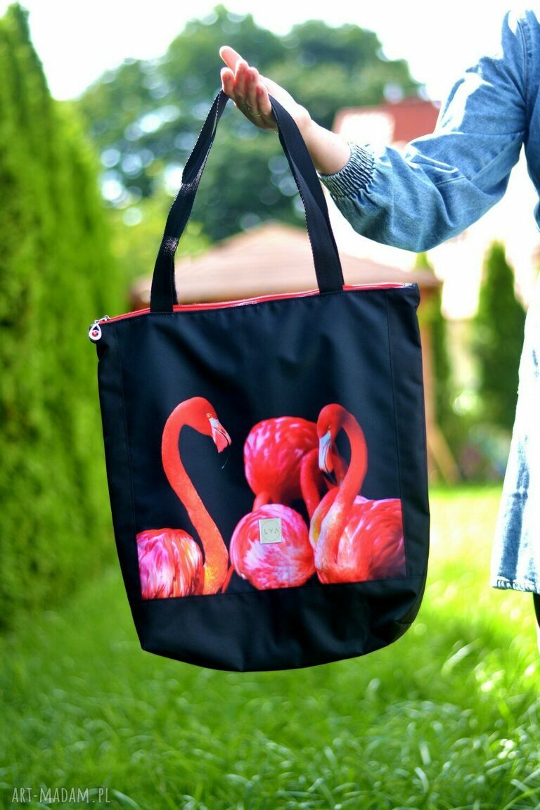 Duża torba shopper wodoodporna z flamingami na ramię
