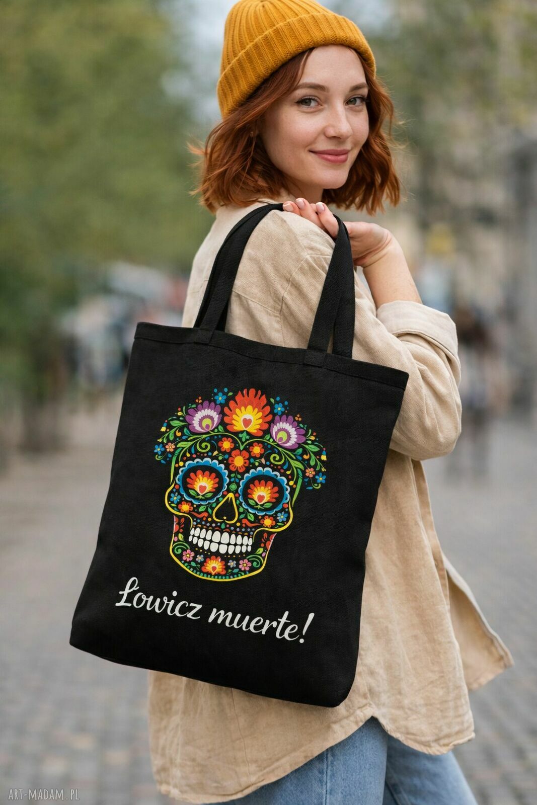 Torba shopper Łowicz Muerte 50x50 - czarna folk, wodoodporna na ramię