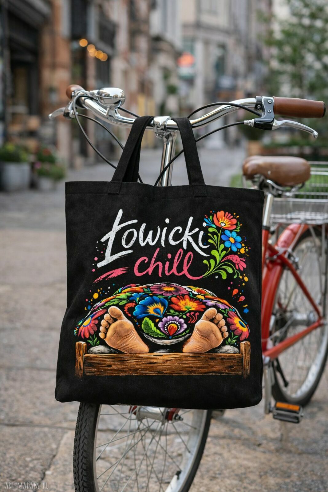Torba shopper Łowicki Chill 50x50 - czarna wodoodporna z nadrukiem folk