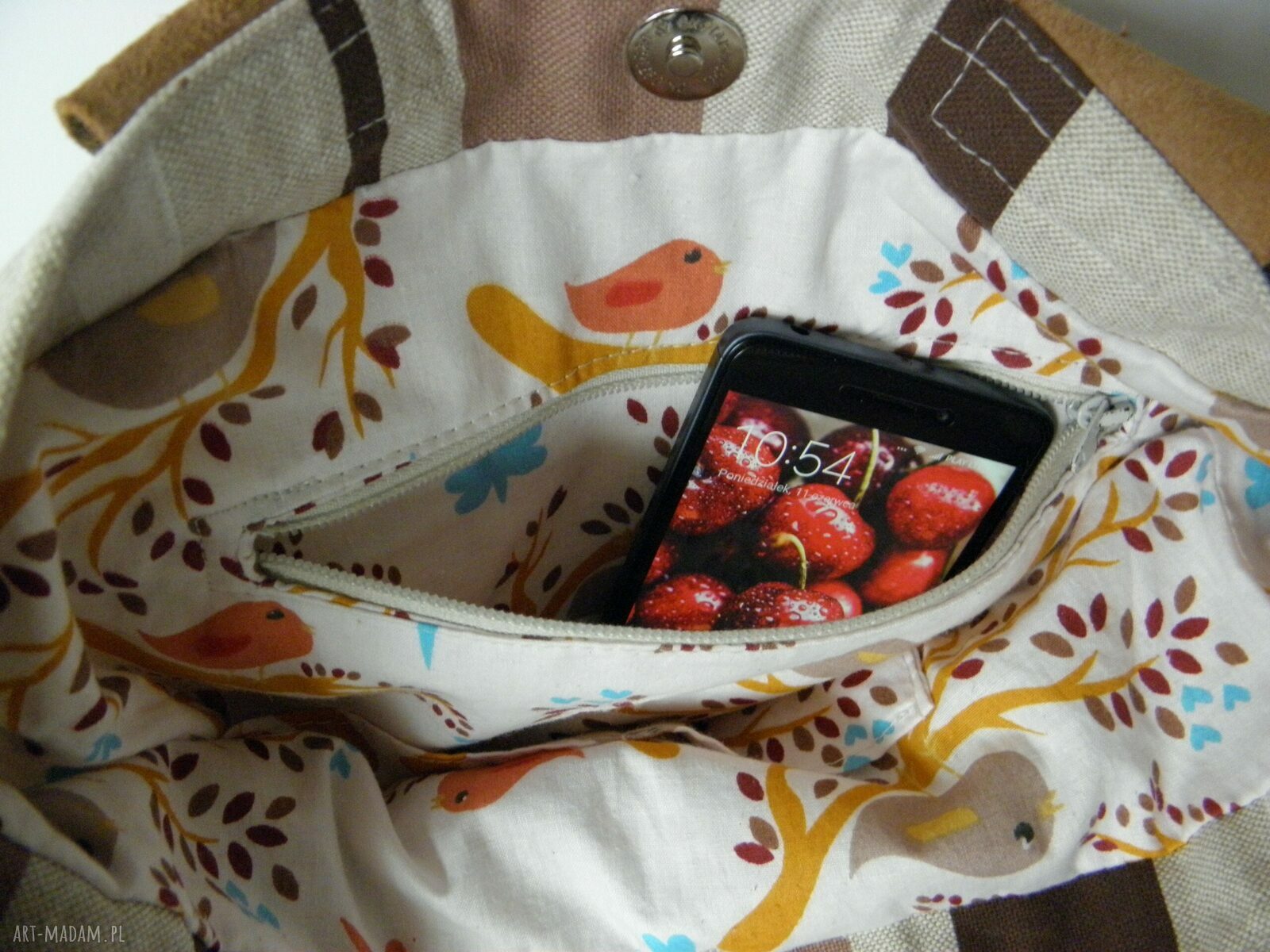 Torba shopper "Prostokąty" na ramię - len i włoska skóra antyczna