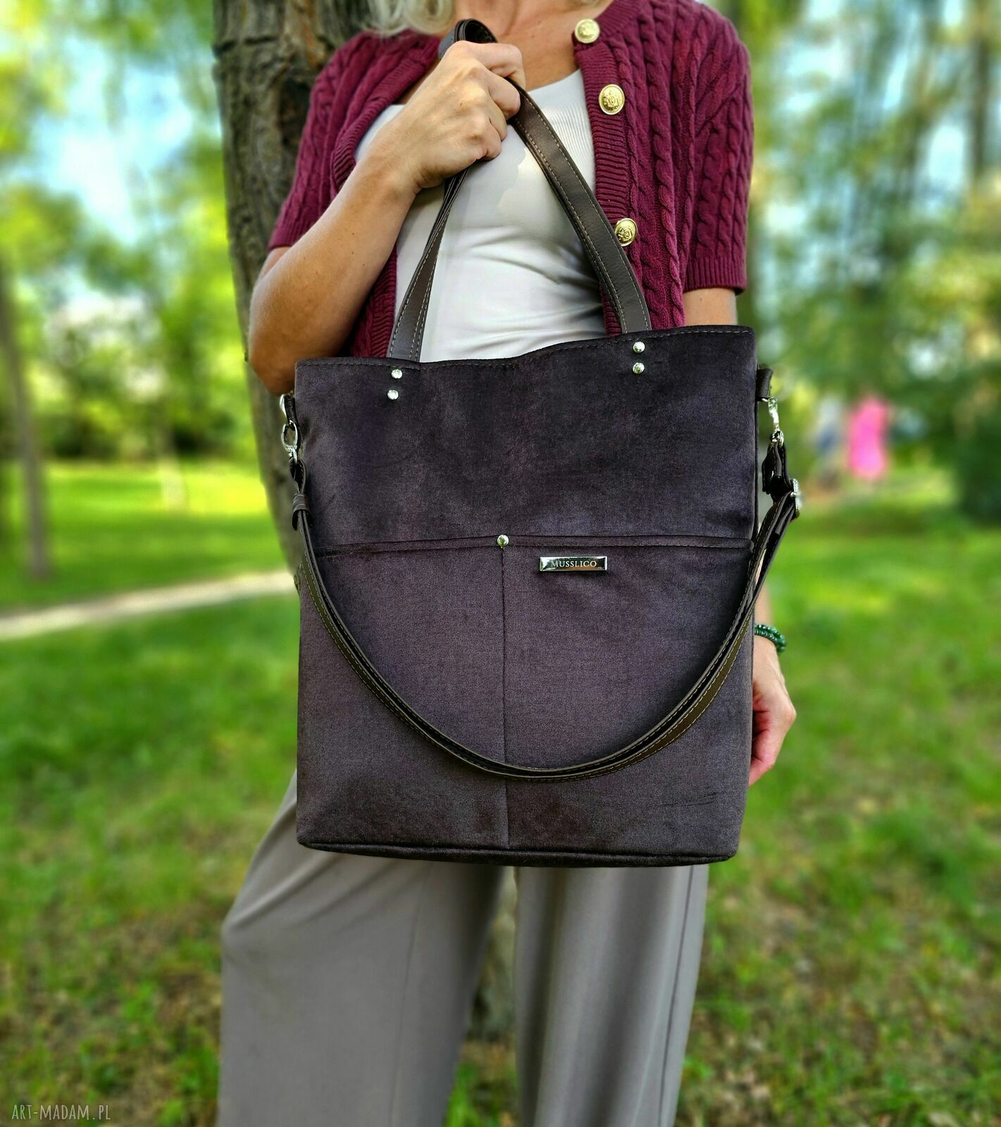 Torba shopper w kolorze gorzkiej czekolady - welur
