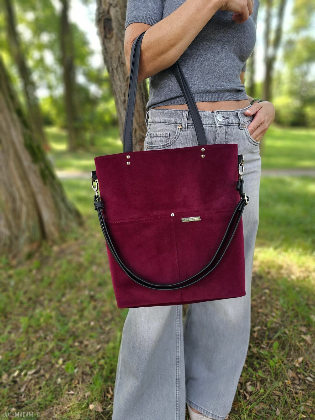 Bordowa torba shopper z weluru na ramię - Musslico (A4)
