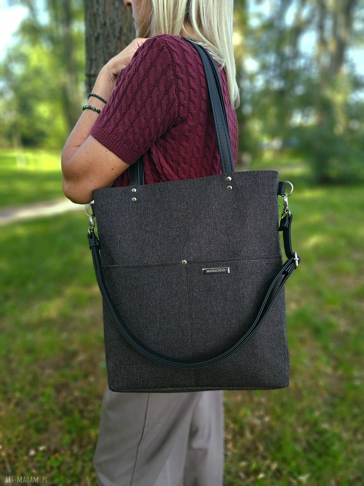 Pojemna torba shopper na ramię w kolorze gorzkiej czekolady