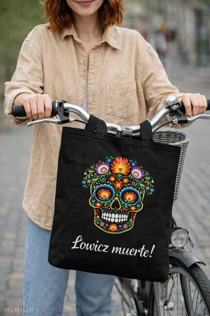 Torba shopper Łowicz Muerte 50x50 - czarna folk, wodoodporna na ramię