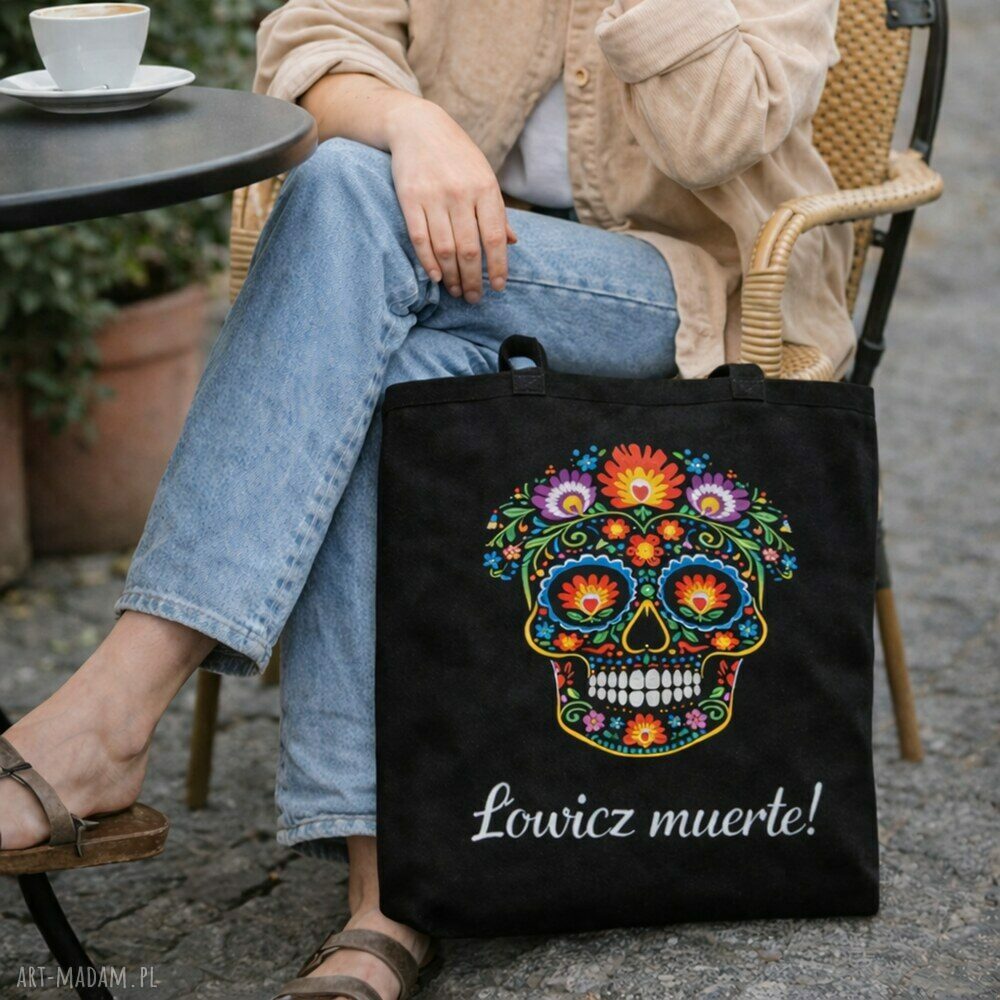 Torba shopper Łowicz Muerte 50x50 - czarna folk, wodoodporna na ramię