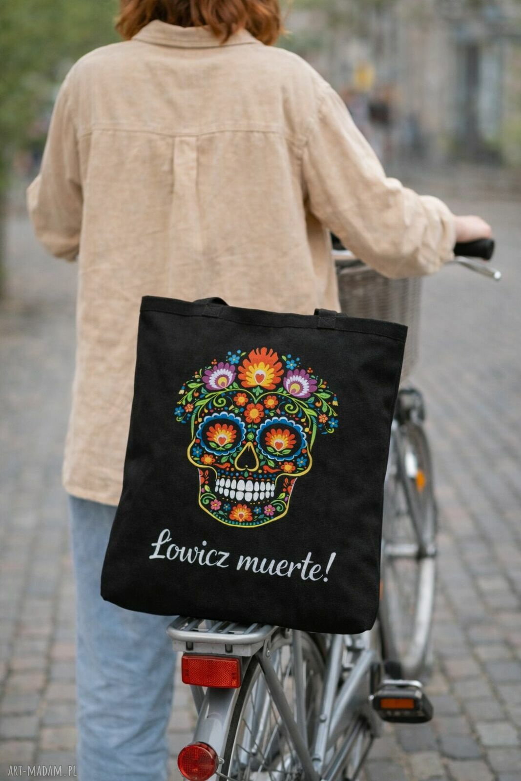 Torba shopper Łowicz Muerte 50x50 - czarna folk, wodoodporna na ramię