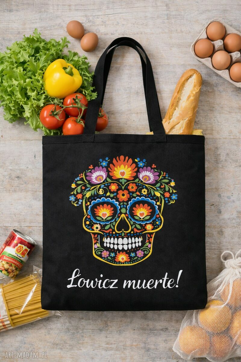 Torba shopper Łowicz Muerte 50x50 - czarna folk, wodoodporna na ramię
