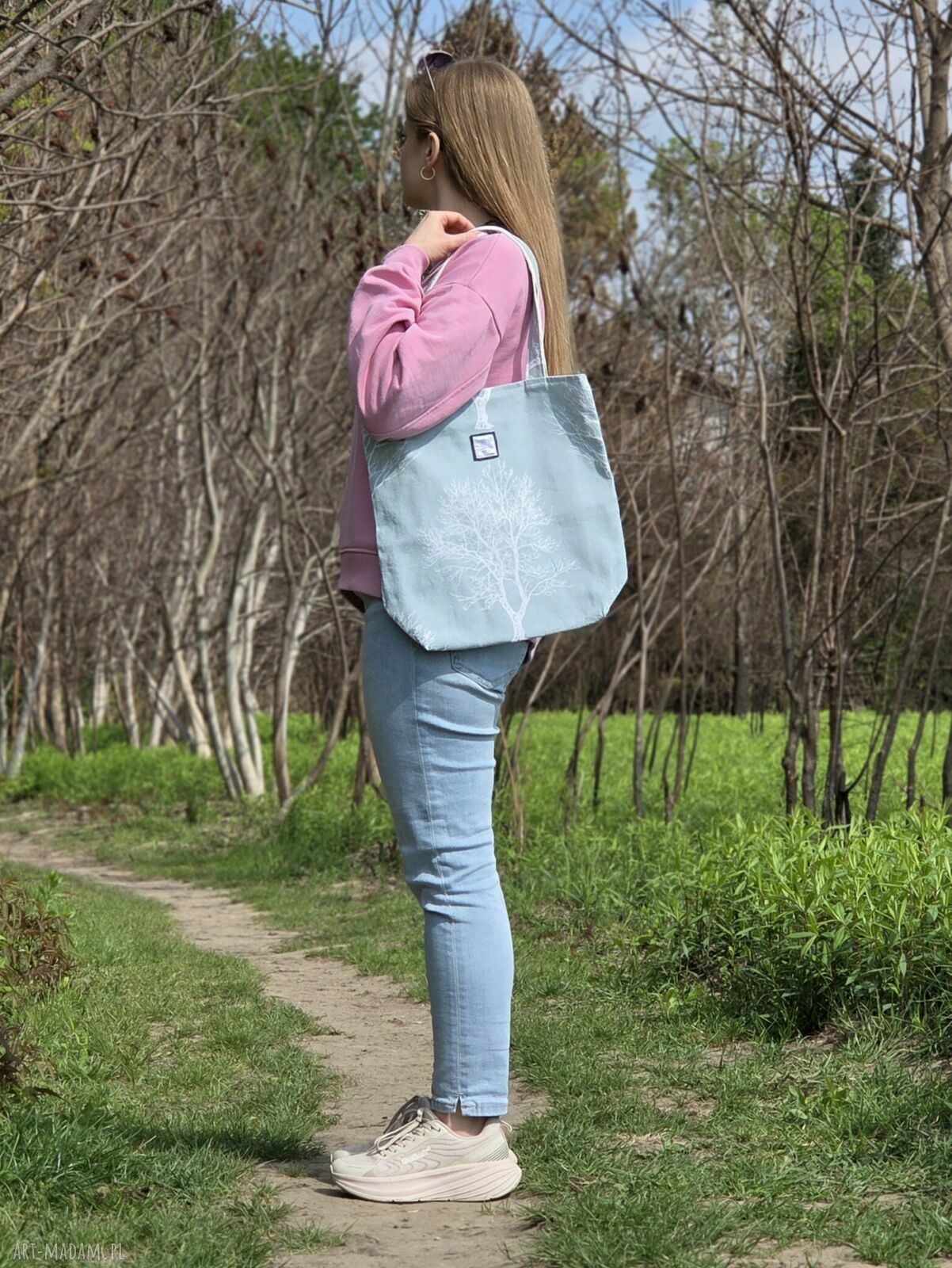 Torba shopper błękitna z upcyklingu - pojemna i lekka, z kieszonką na zamek