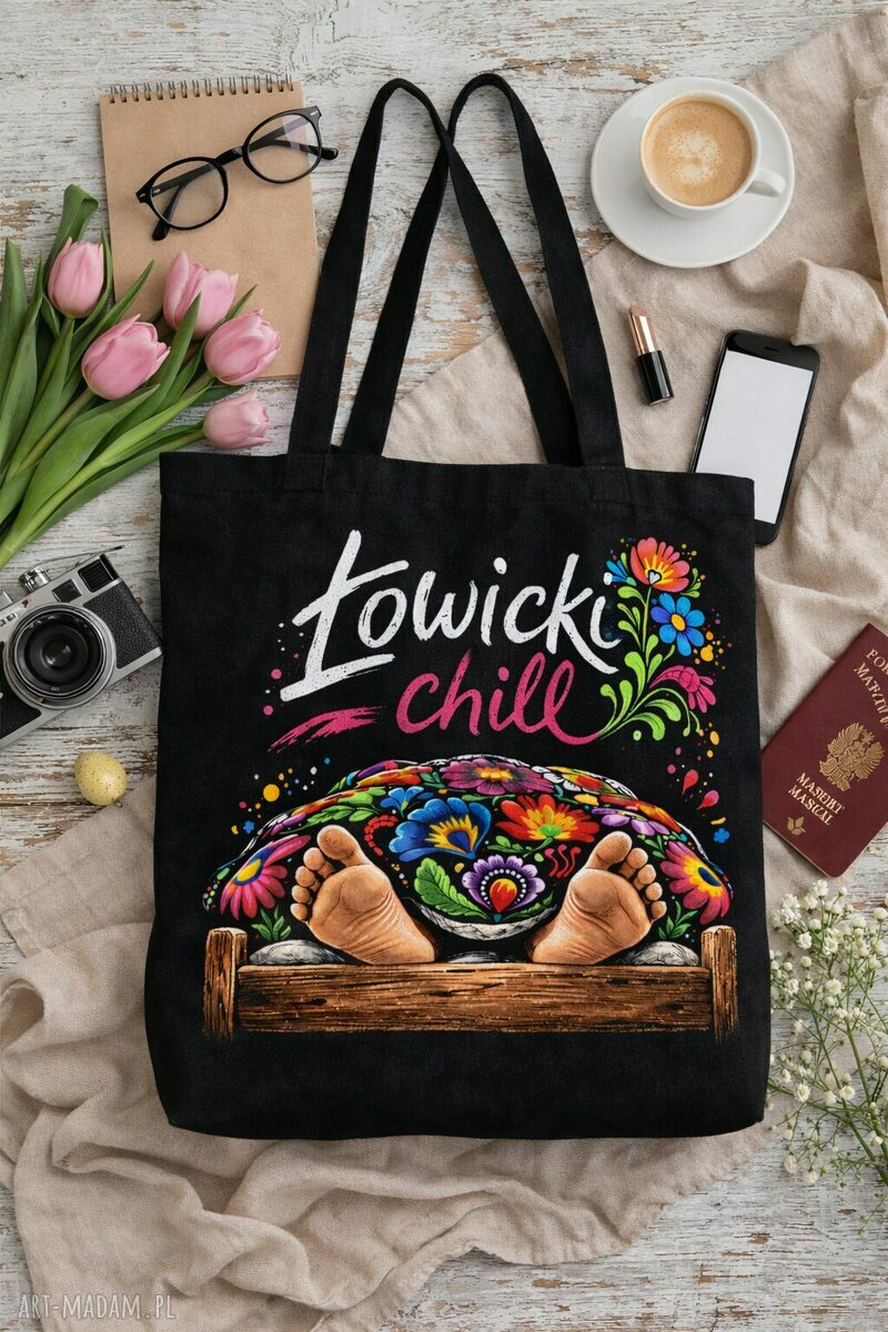 Torba shopper Łowicki Chill 50x50 - czarna wodoodporna z nadrukiem folk