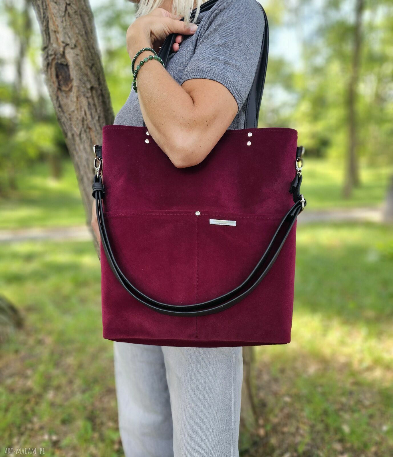 Bordowa torba shopper z weluru na ramię - Musslico (A4)