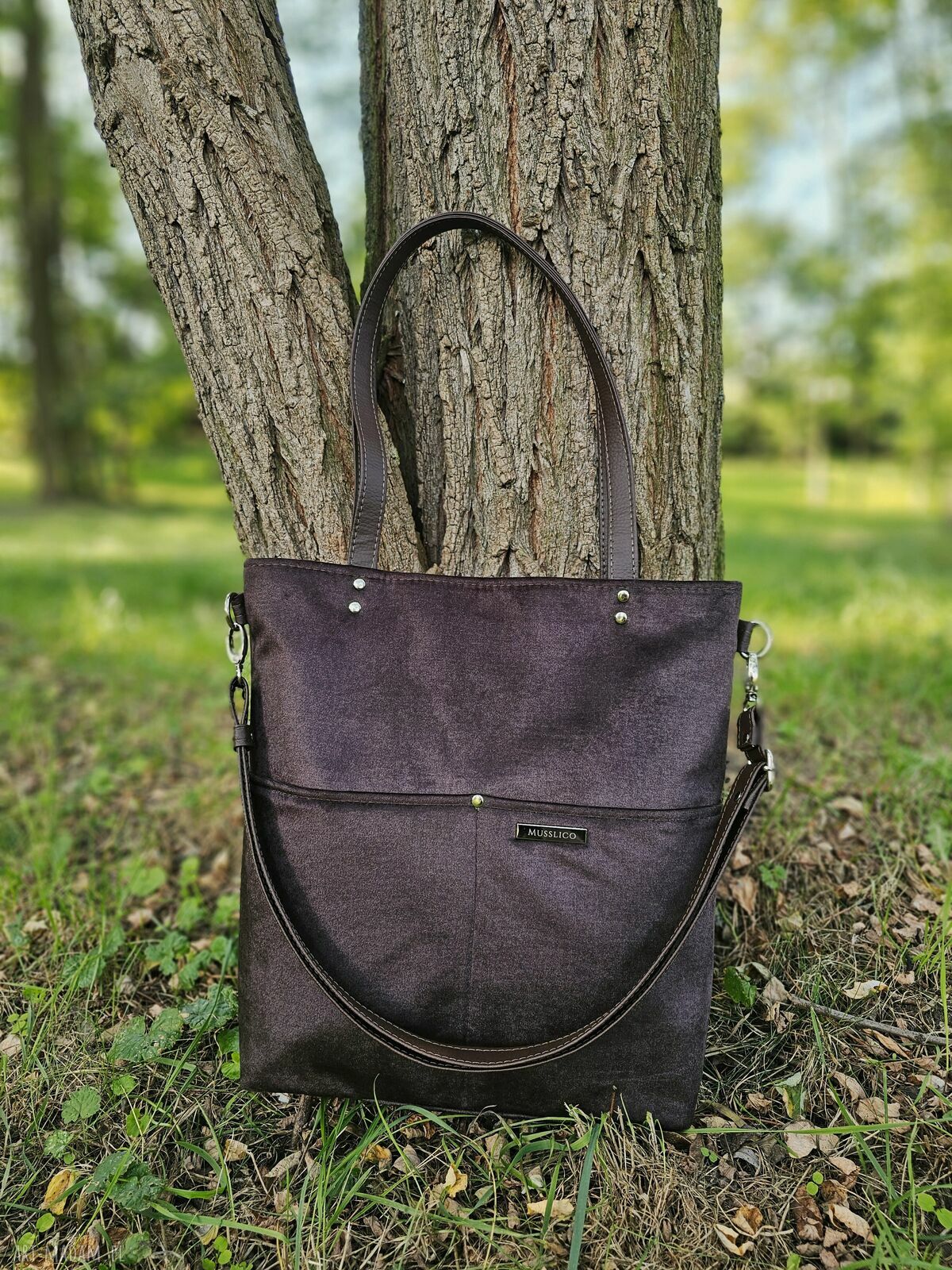 Torba shopper w kolorze gorzkiej czekolady - welur
