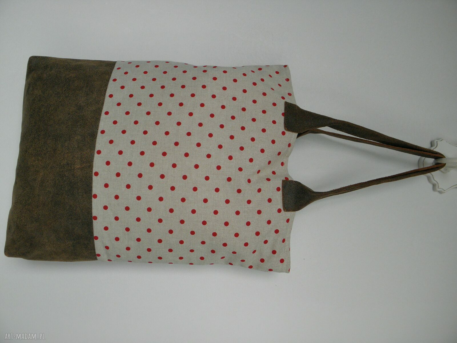 Torba shopper na laptopa "W kropeczki" - skóra antyczna i lniany materiał