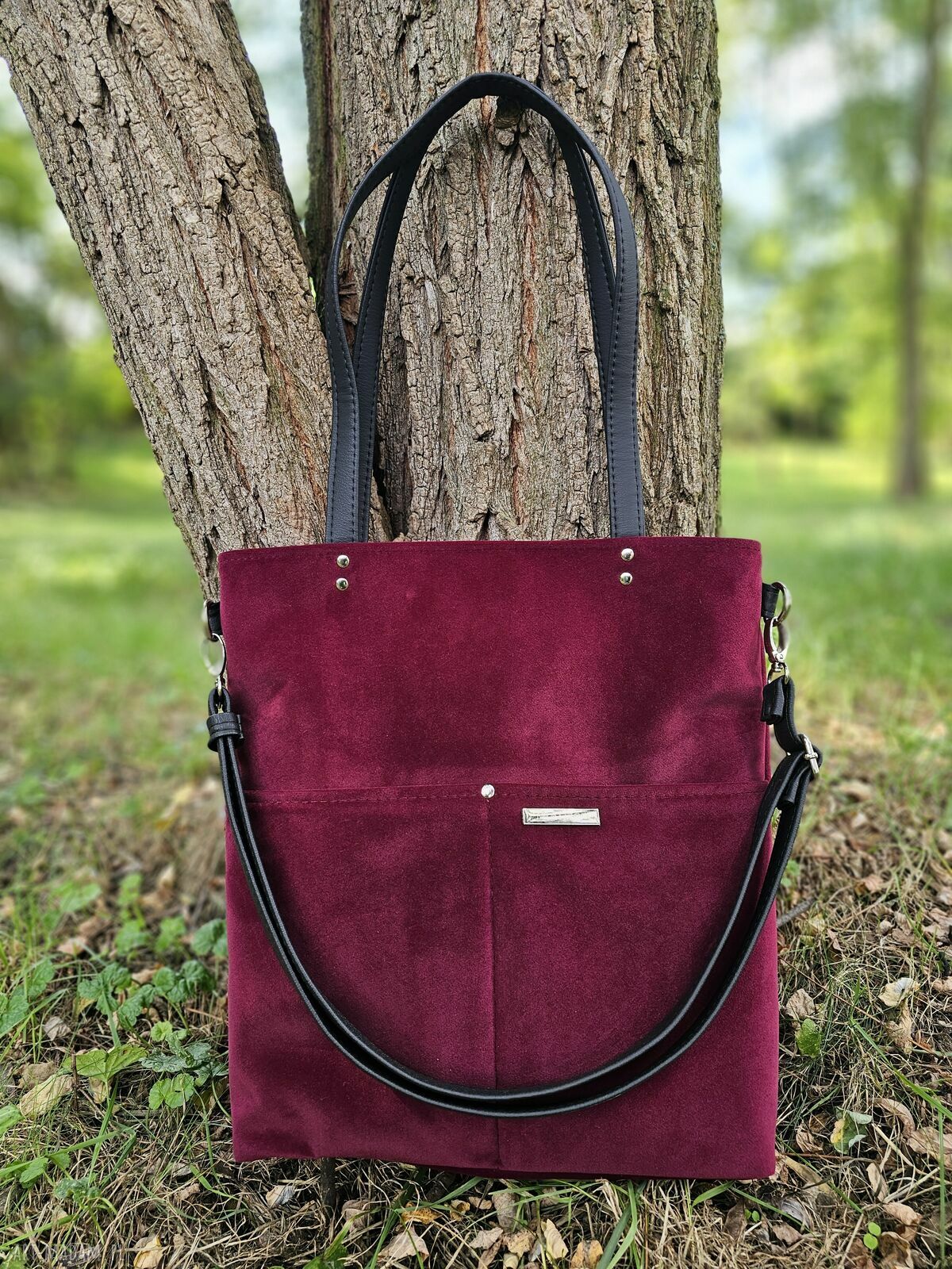 Bordowa torba shopper z weluru na ramię - Musslico (A4)