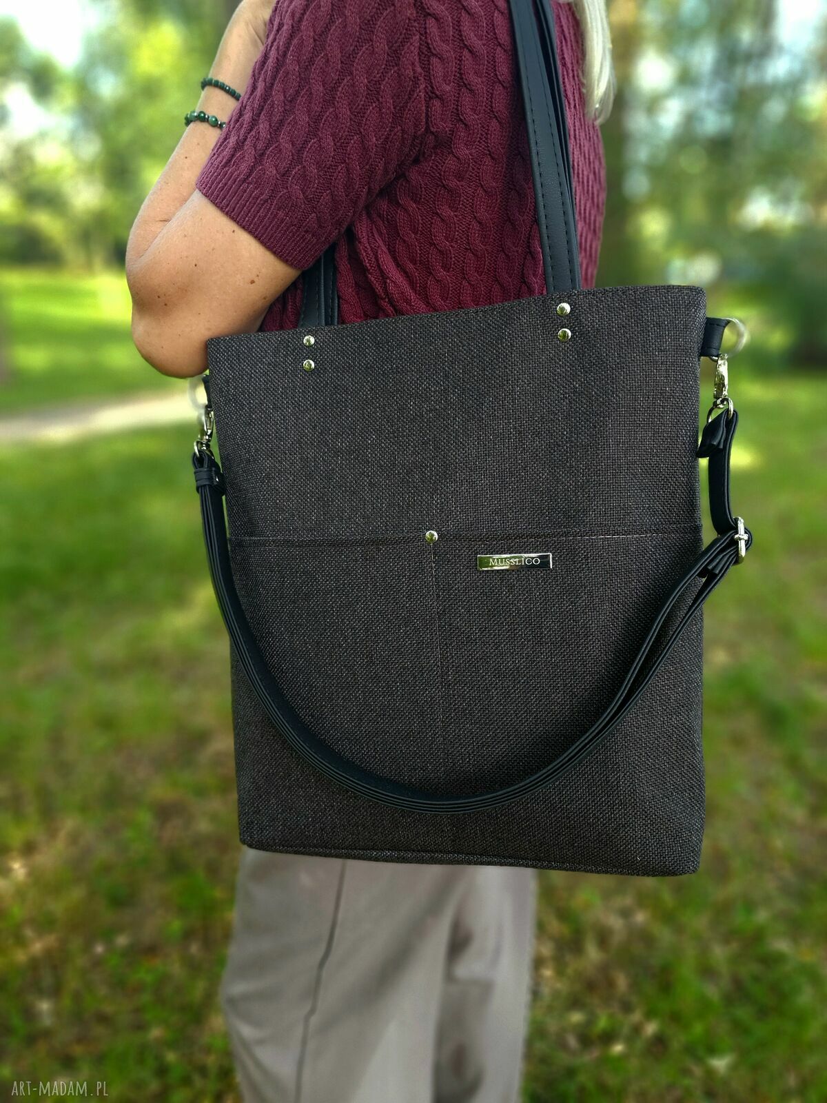 Pojemna torba shopper na ramię w kolorze gorzkiej czekolady