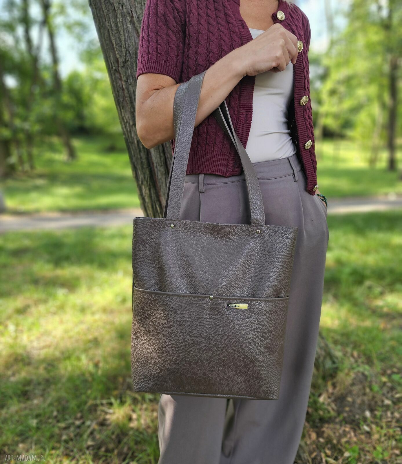 Torba shopper na ramię taupe - skóra naturalna