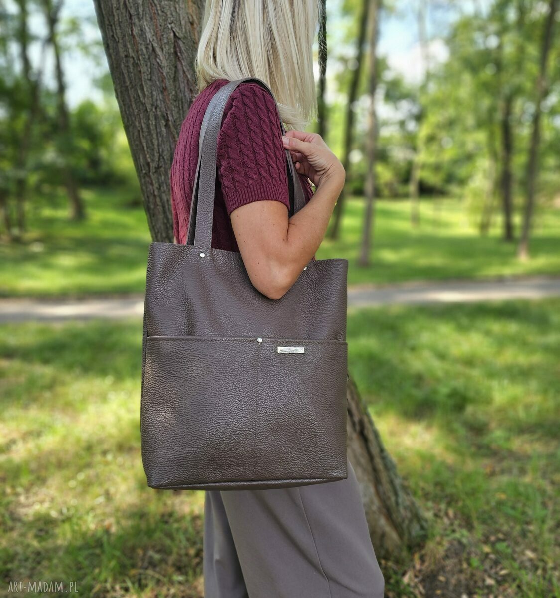 Torba shopper na ramię taupe - skóra naturalna