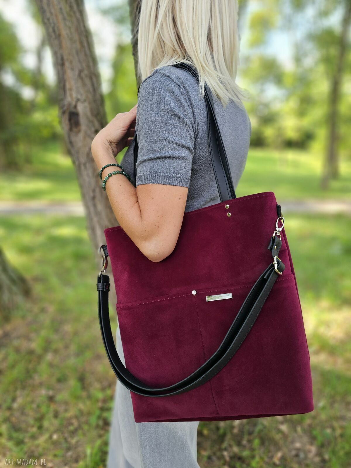 Bordowa torba shopper z weluru na ramię - Musslico A4