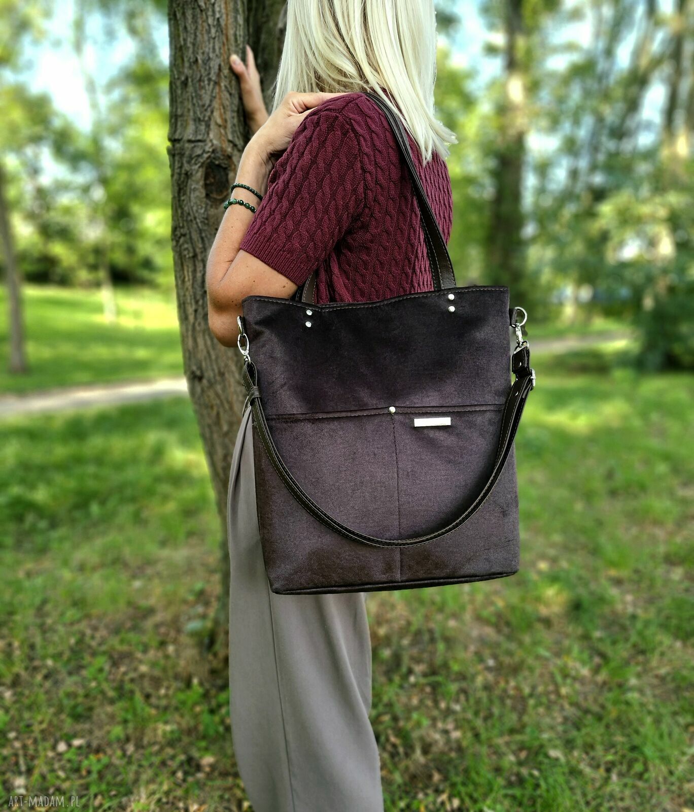 Torba shopper w kolorze gorzkiej czekolady - welur