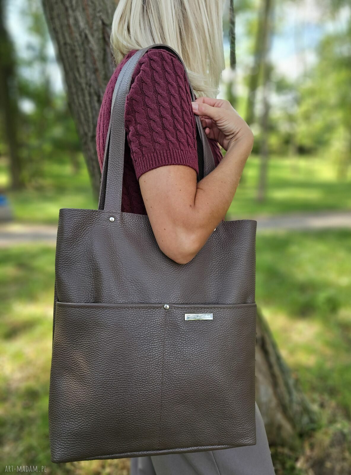 Torba shopper na ramię taupe - skóra naturalna