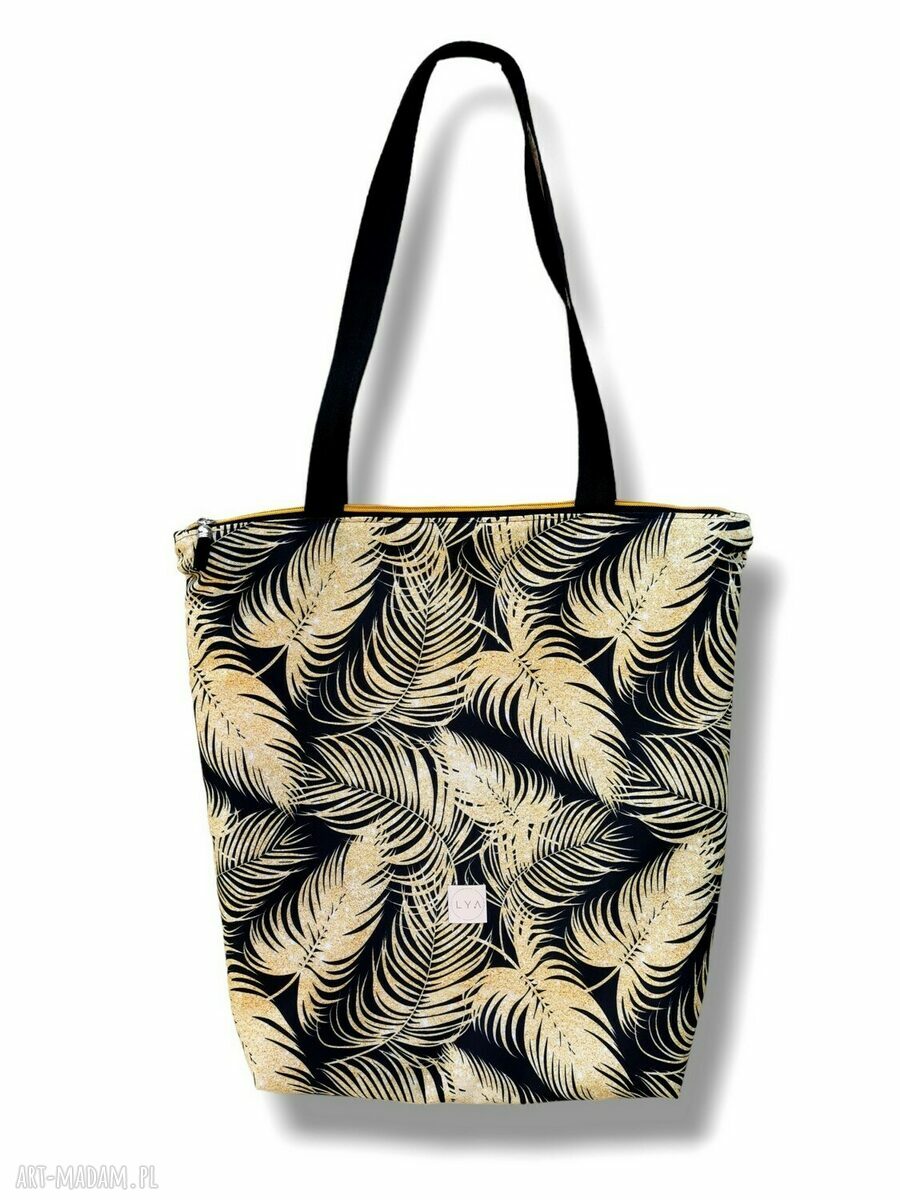 Wodoodporna duża shopperka na ramię - złote pióra handmade