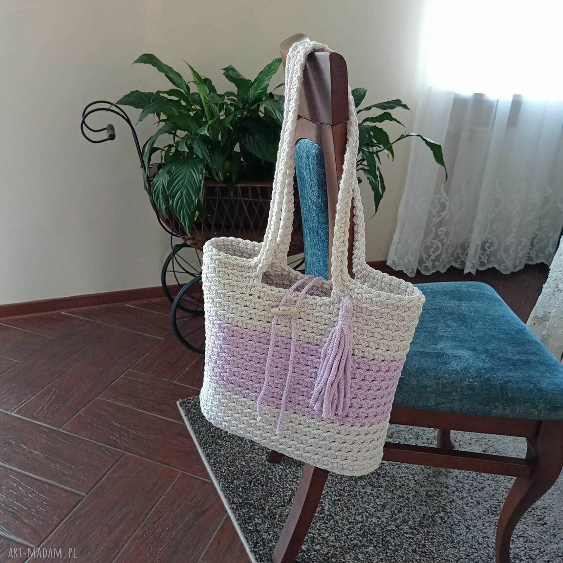 Torba plażowa na ramię ze sznurka bawełnianego - ręcznie szydełkowana 30 x 9 x 28 cm