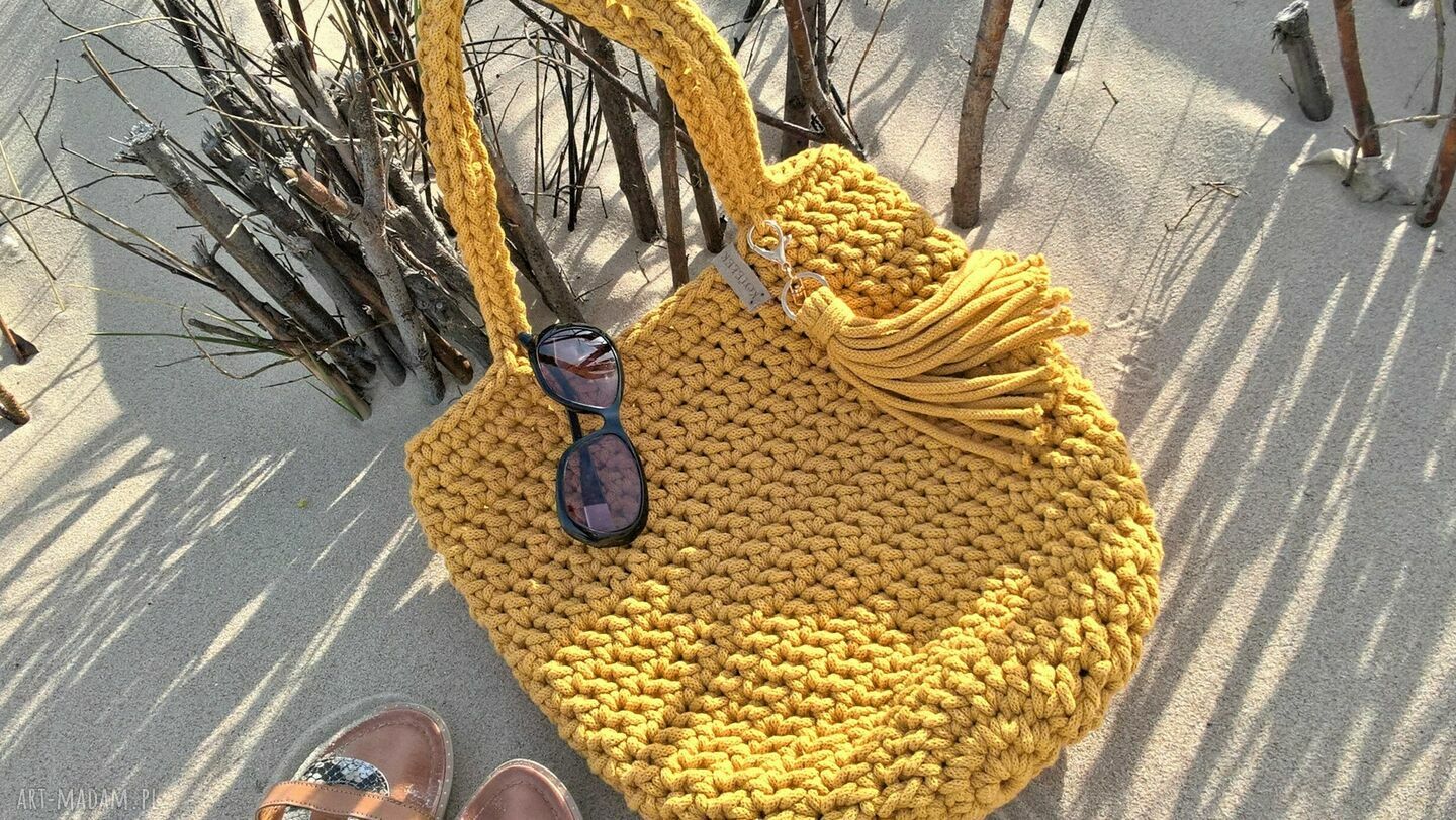 Torba na ramię w kolorze musztardowym - szydełkowa ze sznurka, handmade