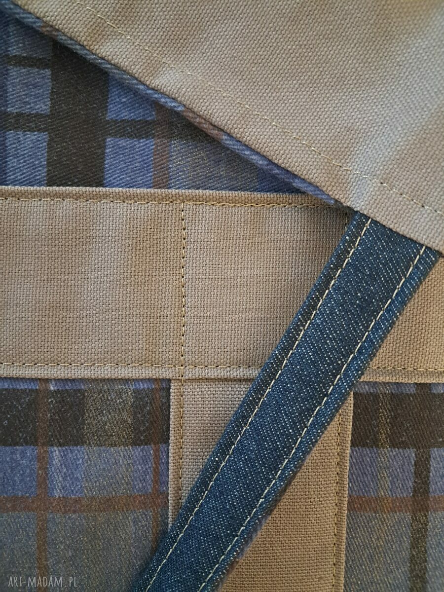 Niebieska shoperka na ramię w kratę - jeans, bawełna i kieszenie na co dzień