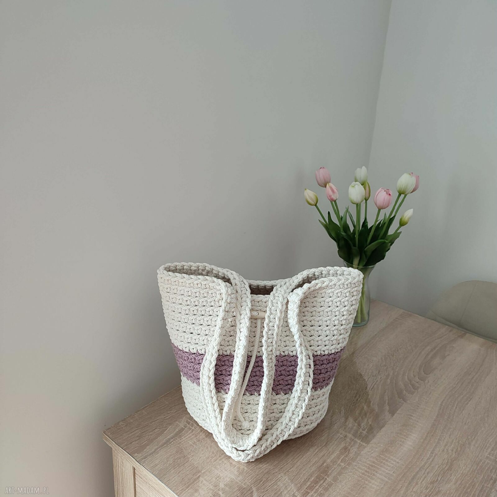 Torba szydełkowa na ramię ze sznurka bawełnianego 23 x 30 cm