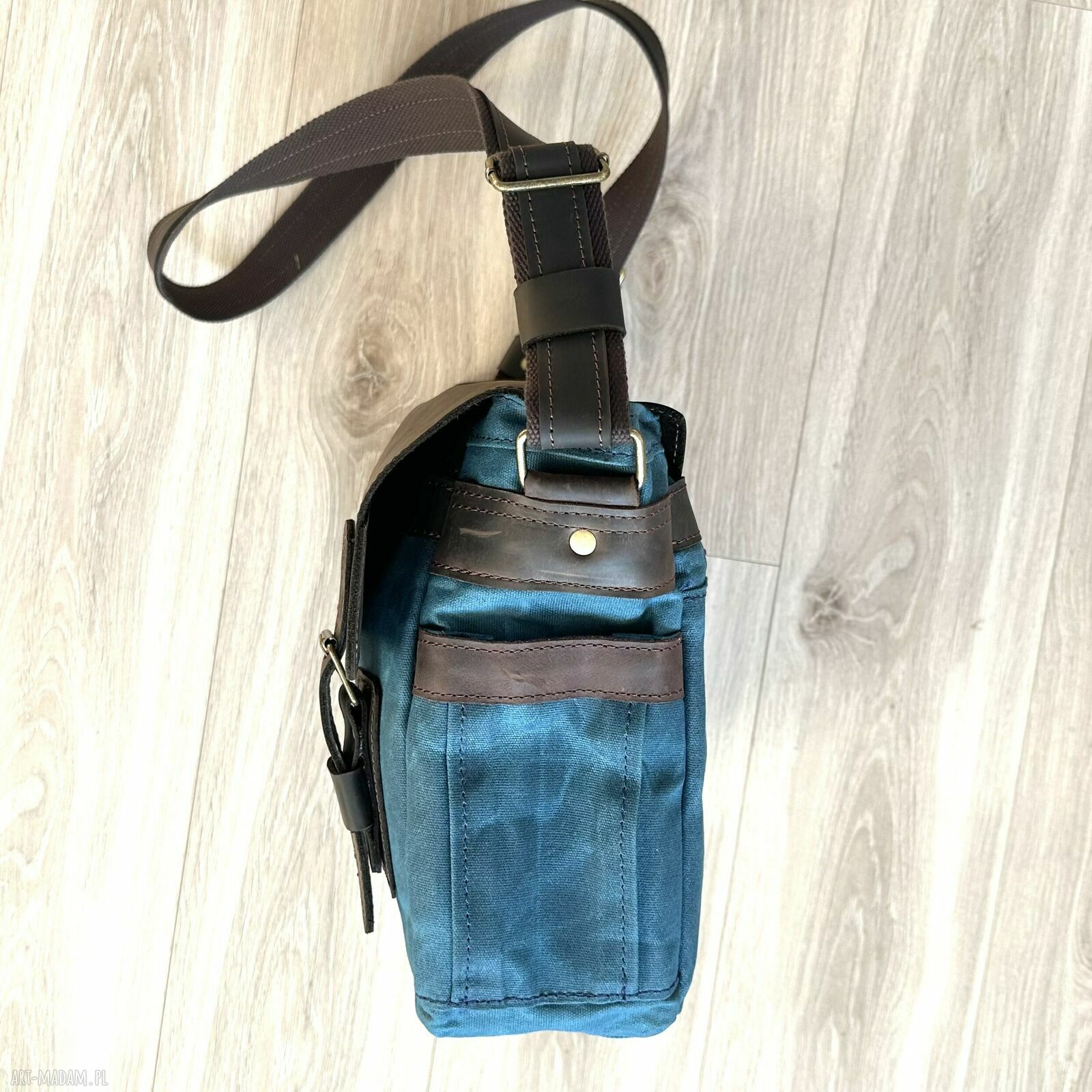 Torba teczka na ramię A4 ze skóry Crazy Horse i bawełny woskowanej niebiesko brązowa vintage
