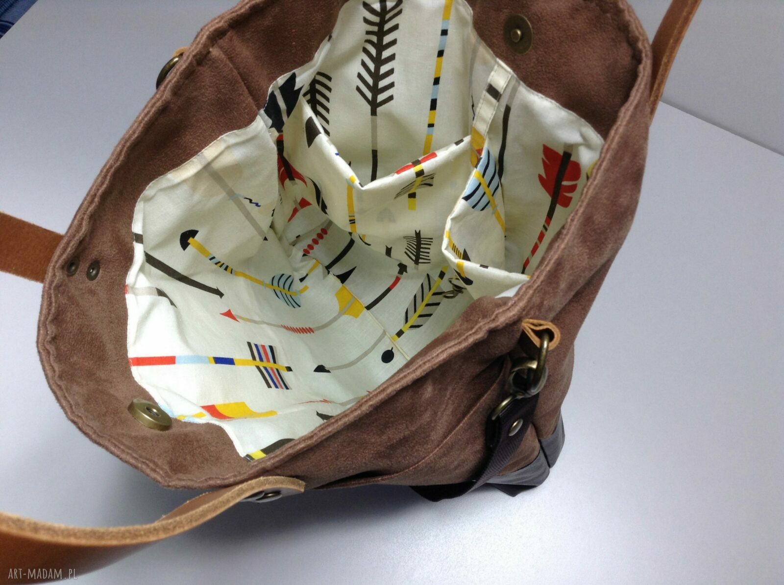 Torba na ramię i do ręki handmade A4 - brązowa eco-skóra i alcantara
