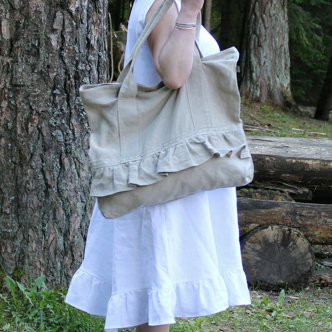 Torba lniana z falbaną 100% naturalny len 56x50 cm