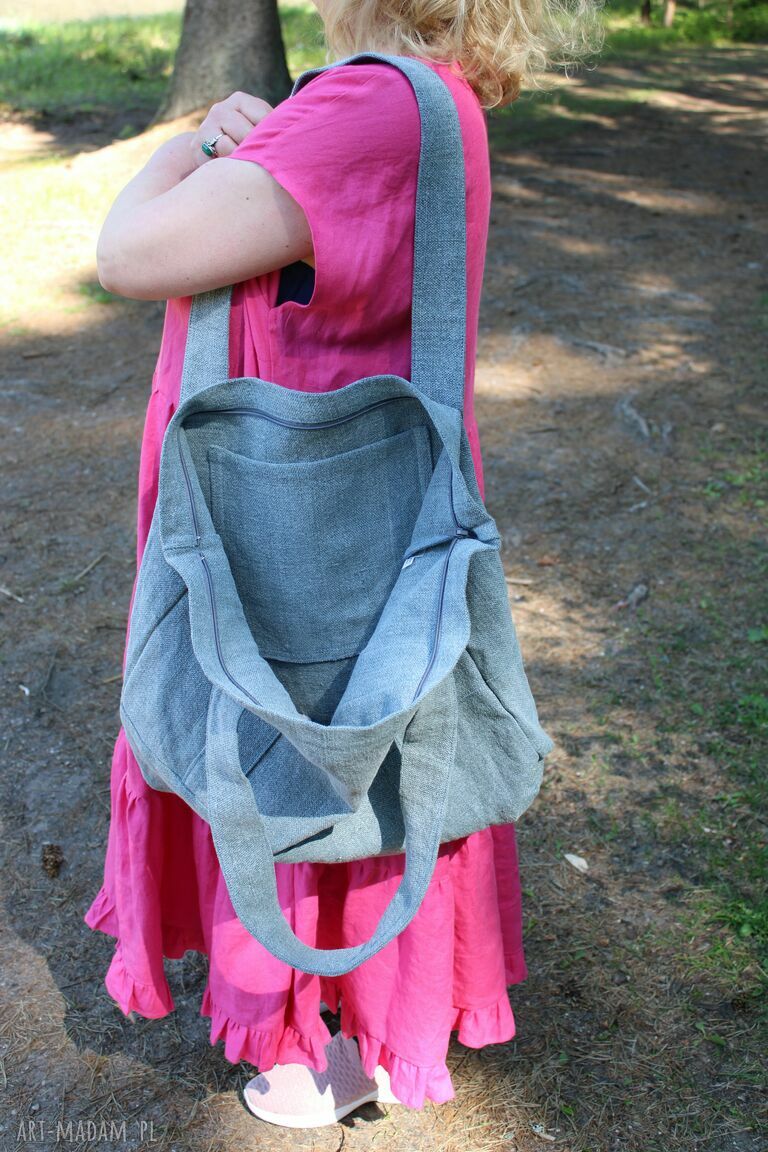 Duża torba lniana 100% len 55x48 cm na ramię - jasny szary shopperka handmade