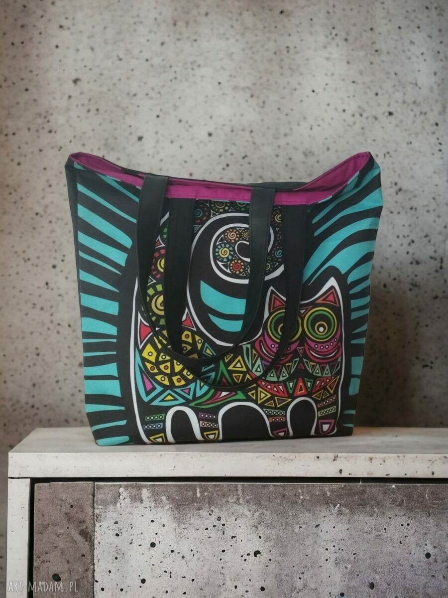 Wodoodporna shopper bag „Szalony Kot” na ramię - duża i pakowna dla kociary